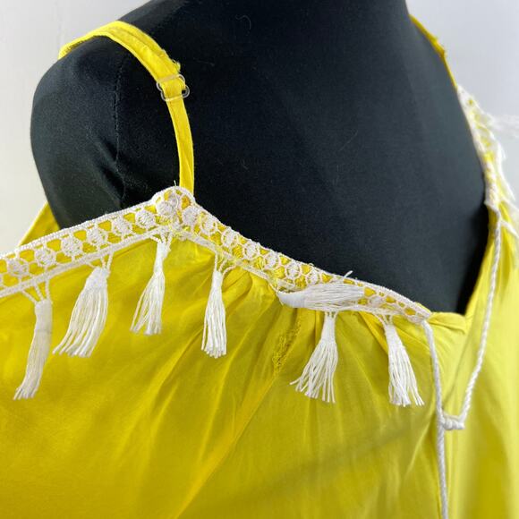 VENUS Yellow White Boho Tassel Strappy Cold Shoulder Swim Beach Cover Up Dress S - Picture 8 of 12